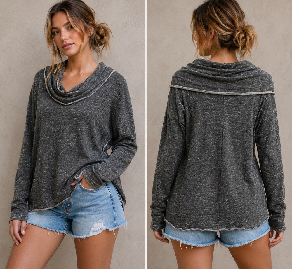 Free People Beach One Body Gray Cowl Funnel Neck Cocoon Pullover Raw Seam Top